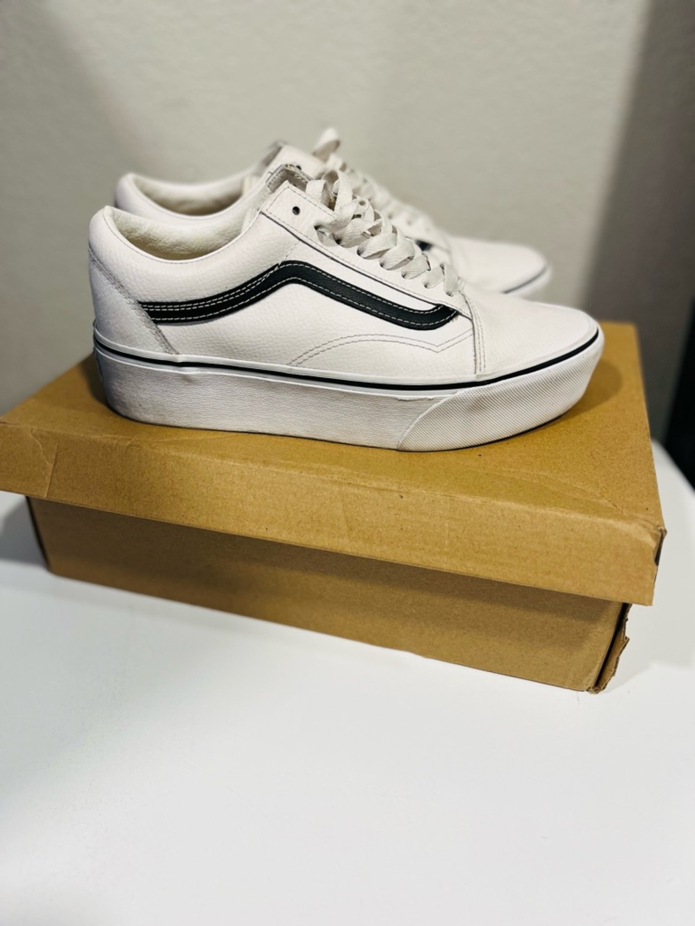Vans White Platform Sneakers with Black Stripe